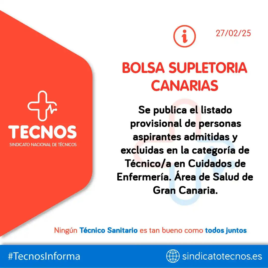 Image from SINDICATO NACIONAL DE TÉCNICOS (TECNOS): 🔴🔵 TECNOS INFORMA: CANARIAS. 🔊 BOLSA SUPLETORIA | CANARIAS | Se p...