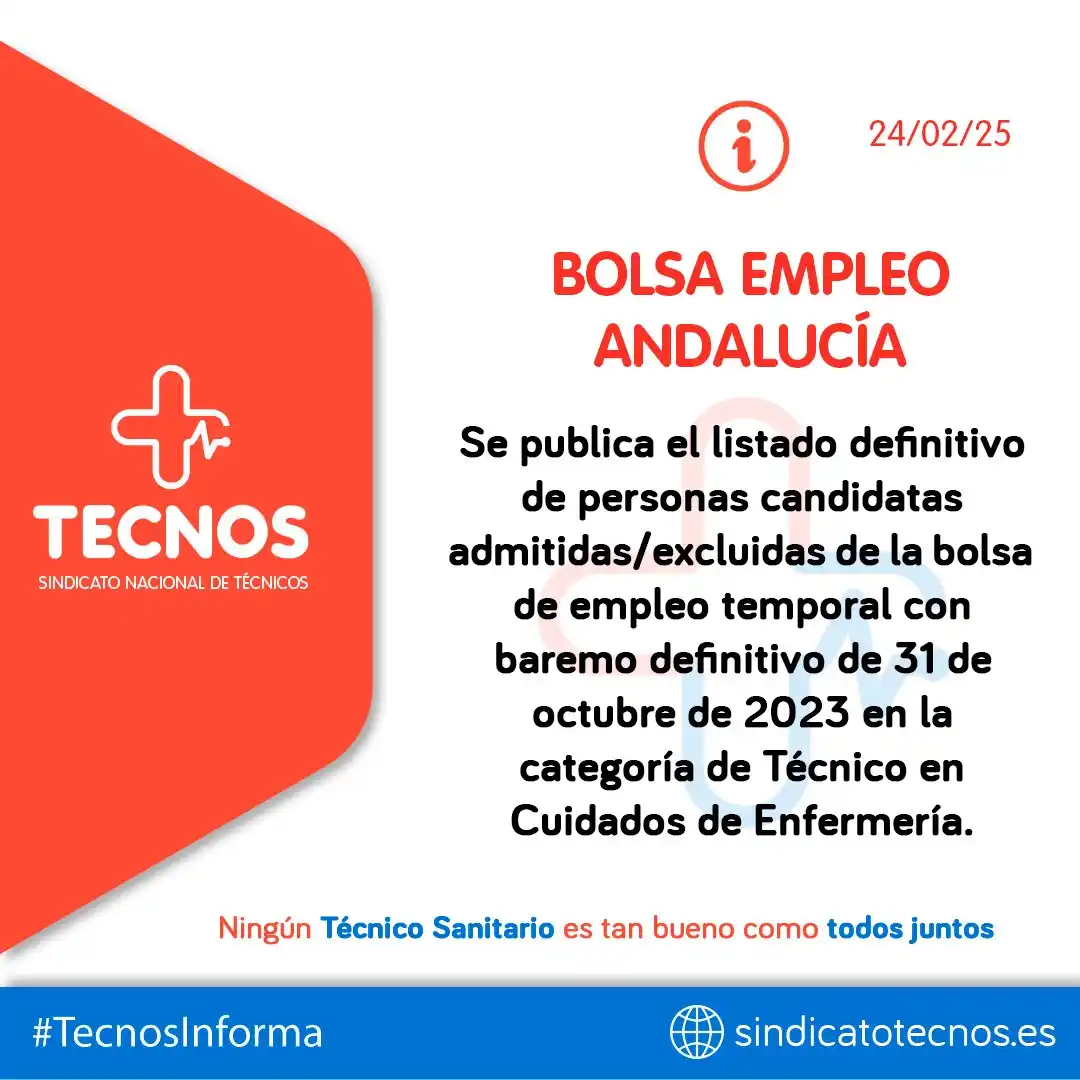 Image from SINDICATO NACIONAL DE TÉCNICOS (TECNOS): 🛑 🛑 TECNOS INFORMA: ANDALUCÍA. 🔊 BOLSA EMPLEO | ANDALUCÍA | Se p...