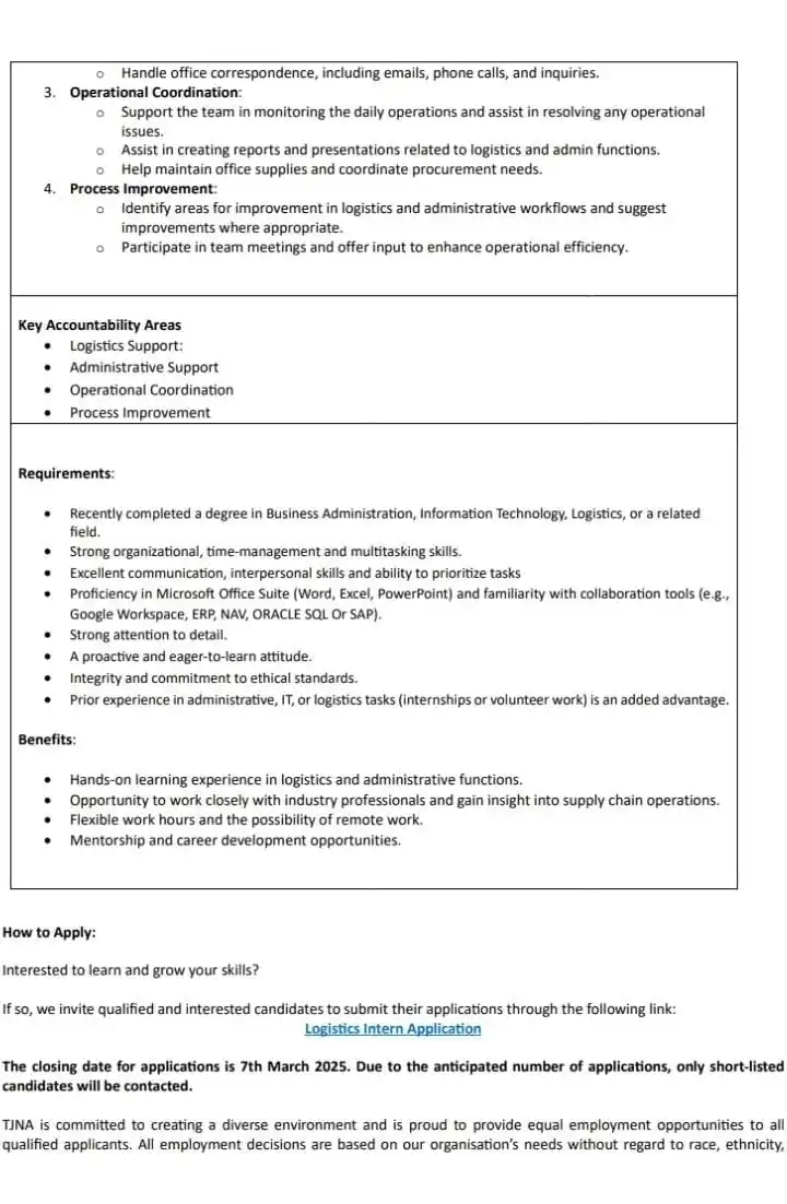 Image from SSA Tenacity's Vacancies: *Logistics Intern*. — Page 2 —— 📍 _Tax Justice Network Africa (TJNA) ...