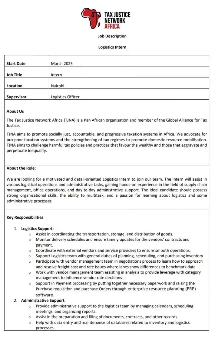 Image from SSA Tenacity's Vacancies: *Logistics Intern*. — Page 1 —— 📍 _Tax Justice Network Africa (TJNA) ...