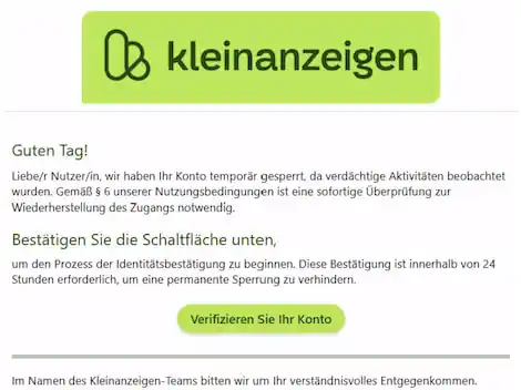 Image from teltarif.de Alle Meldungen: *kleinanzeigen: Phishing-Mail droht mit Kontosperrung* Die Verbraucher...
