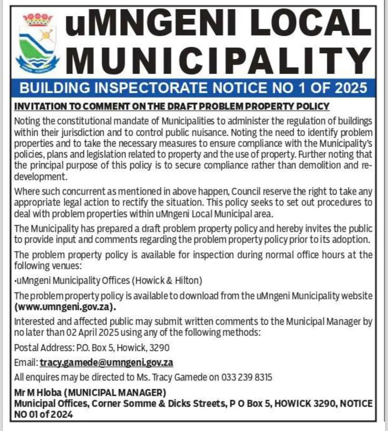 uMngeni Municipality  post
