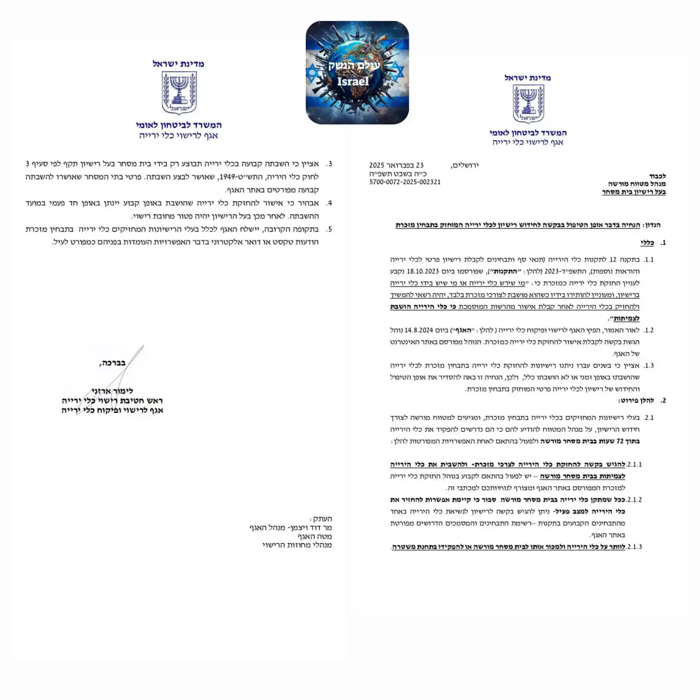Image from עולם הנשק Israel: *הנחיות חדשות מאגף כלי ירייה בנוגע להחזקת כלי נשק למזכרת* *מאת עו"ד ד...