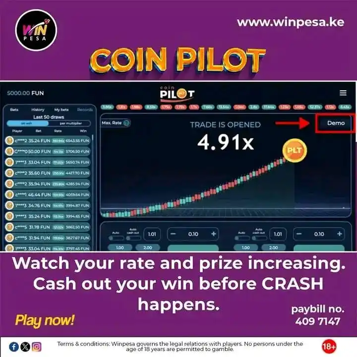 Image from WINPESA. KE: Watch your rate and prize increasing when you play coin pilot crash ga...