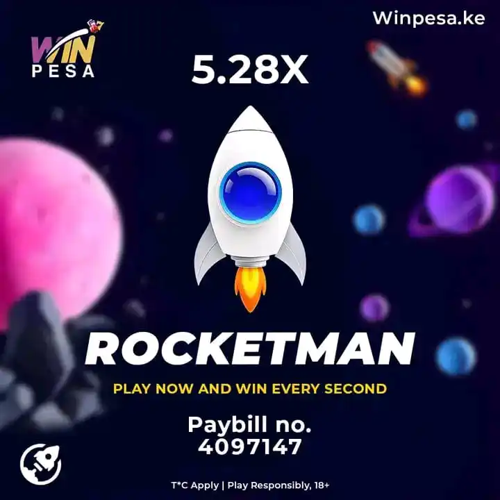 Image from WINPESA. KE: Rocketman 🛫crash game sai unaeza omoka UpTo Ksh 1 million. Register...