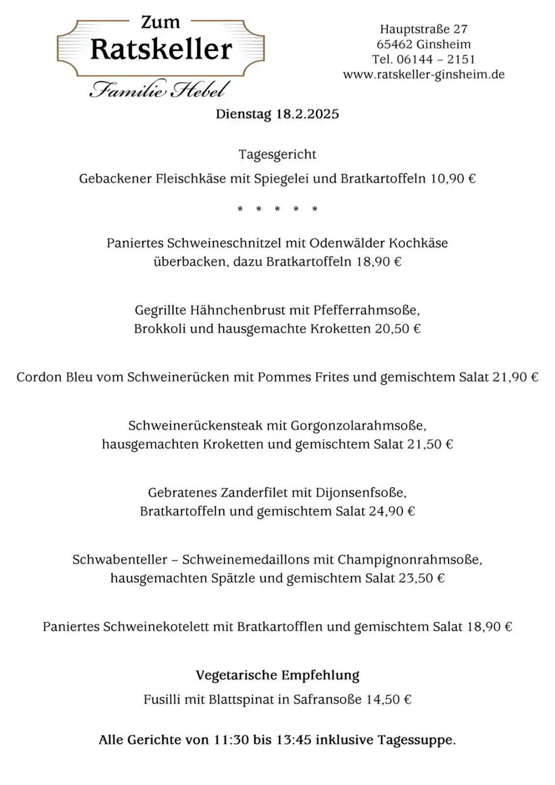 Image from Zum Ratskeller - Ginsheim: ...und die Mittagskarte für Dienstag...