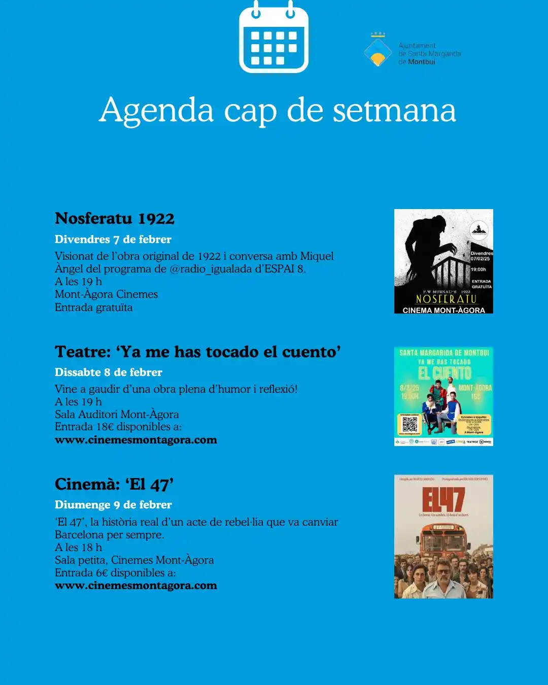 Image from Ajuntament Santa Margarida de Montbui: AGENDA | Activitats del cap de setmana 9, 10 i 11 de febrer 🎭🎬 Ens e...