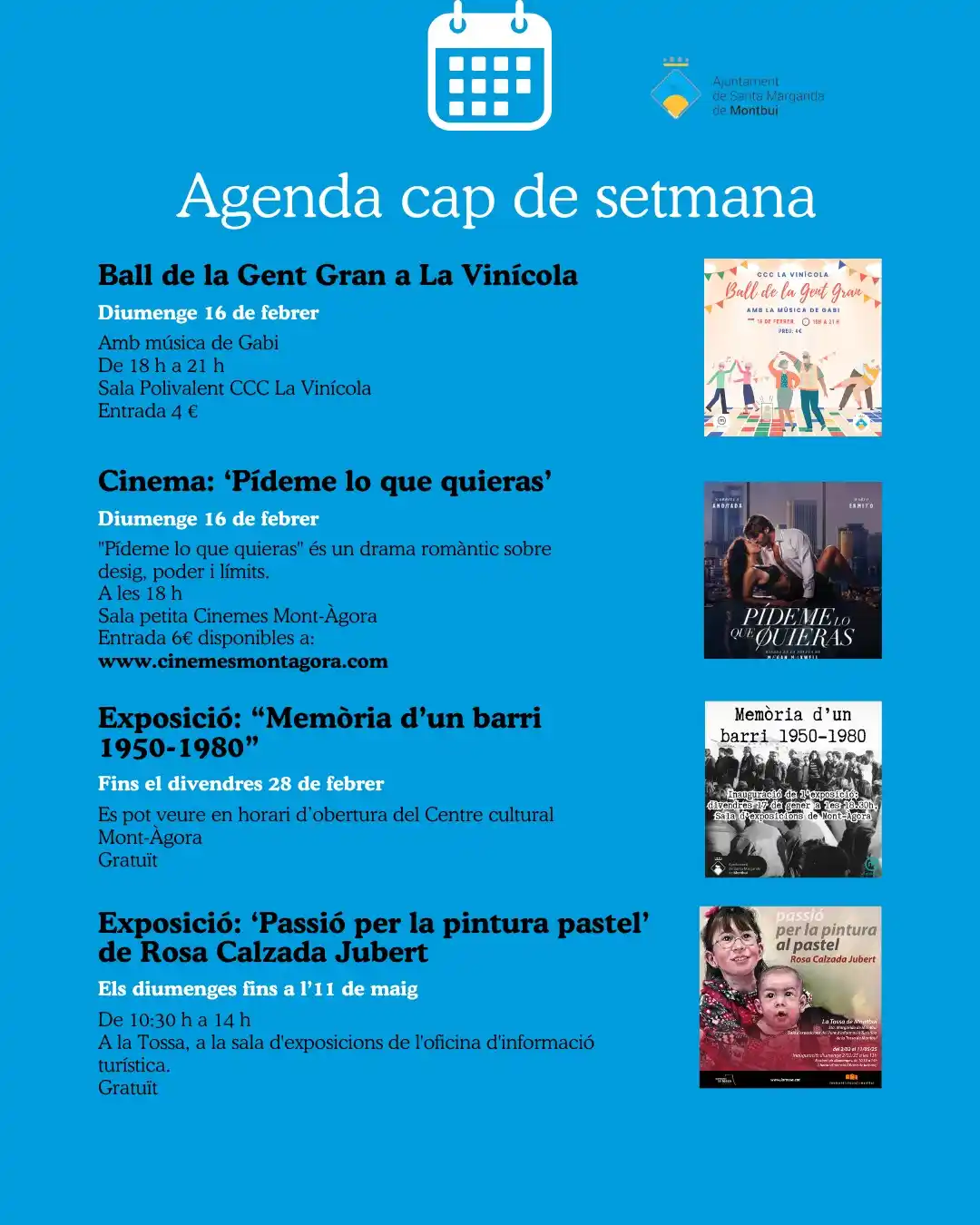 Image from Ajuntament Santa Margarida de Montbui: AGENDA | Activitats del cap de setmana 15 i 16 de febrer 🎭🎬 Ens esp...