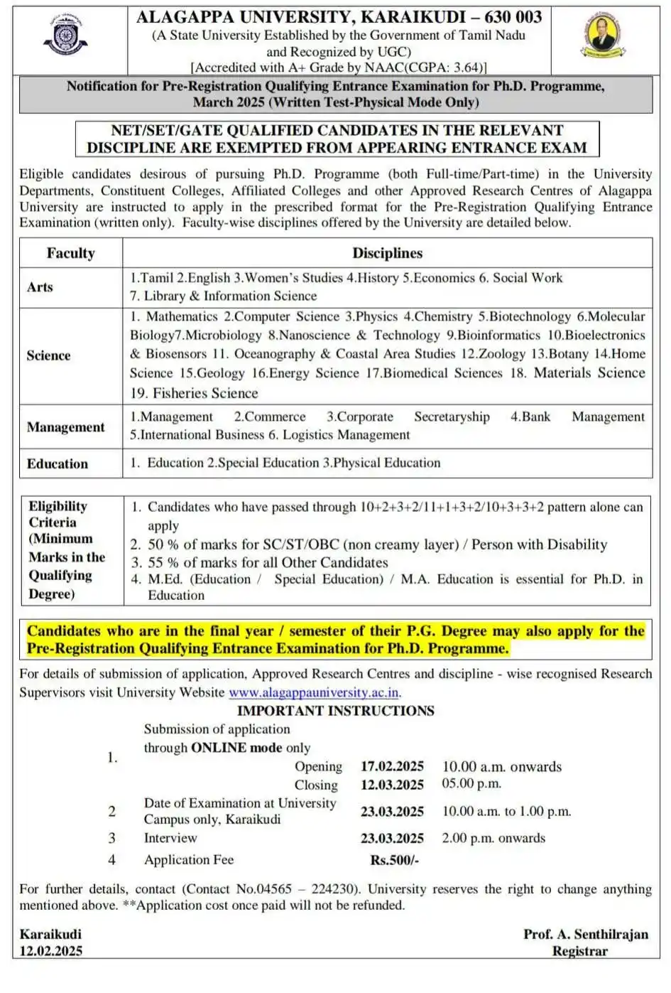 Image from All Non-technical Jobs( Private+Government): Alagappa University   Ph.D Admission Notification 2025  https://admiss...