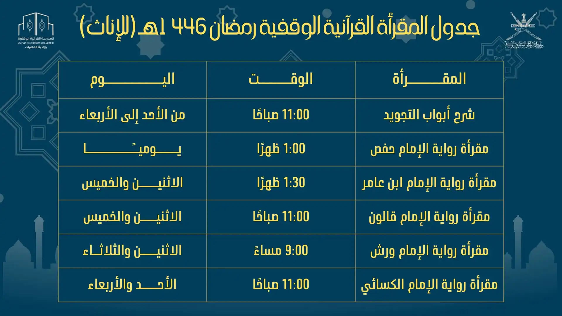 Image from المدرسة القرآنية الوقفية بولاية العامرات: *جدول المقرأة القرآنية الوقفية رمضان ١٤٤٦ه (إناث)*...