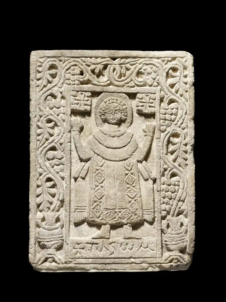 Image from Ancient Egyptian Civilization (AEC): A Limestone Stela of a Figure of "Apa Pakhum" (Pakhumios) raising his ...