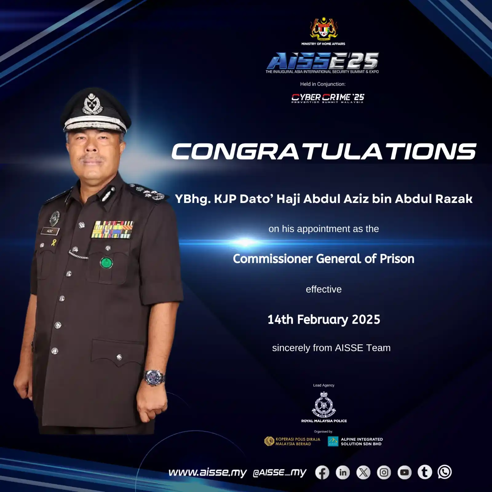 Image from Asia International Security Summit & Expo: Heartiest congratulations to YBhg. KJP Dato’ Haji Abdul Aziz bin Abdul...
