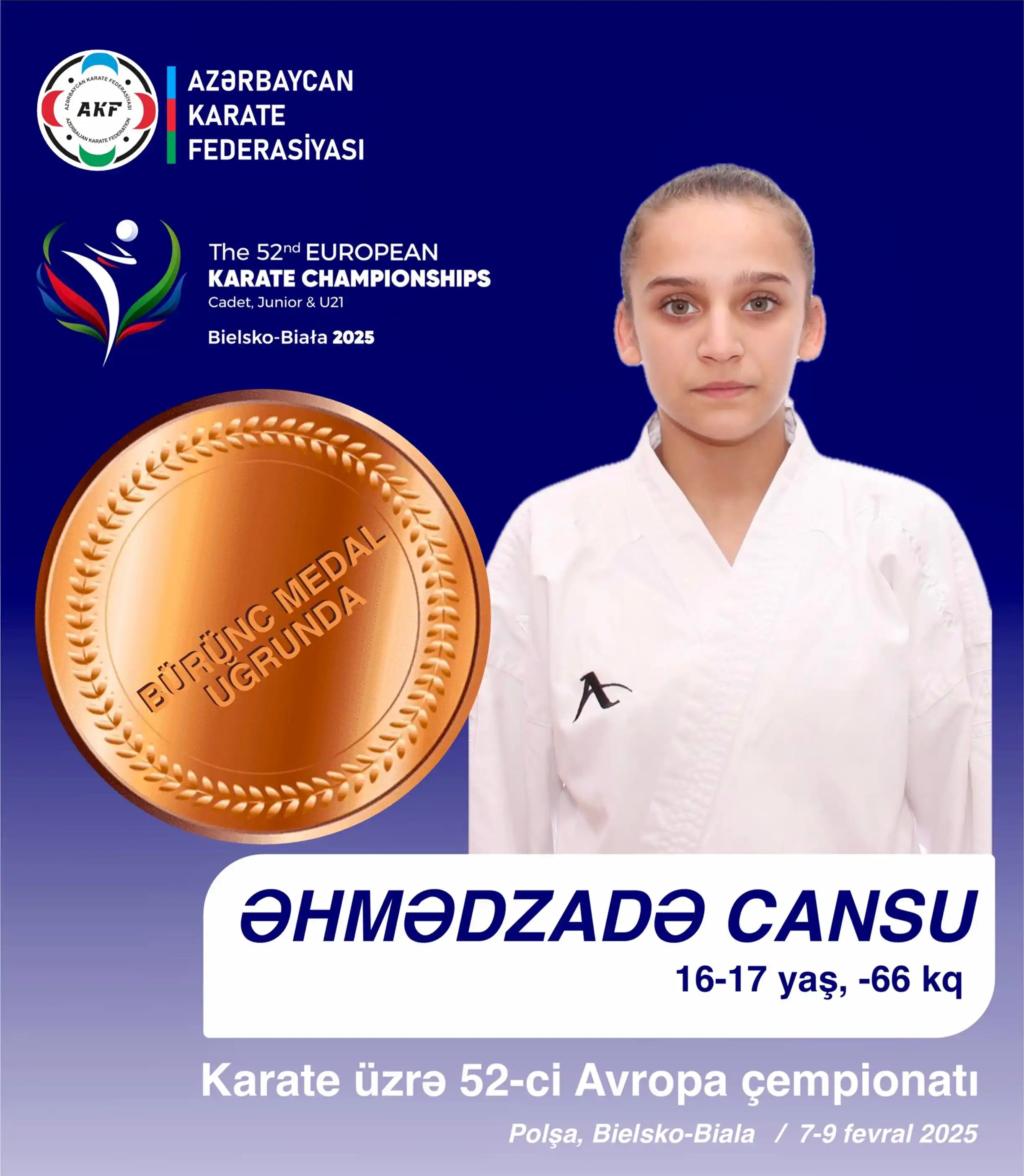 Image from Azərbaycan Karate Federasiyası: Karateçimiz Cansu Əhmədzadə (16-17 yaş, -66 kq) bürünc medal uğrunda m...