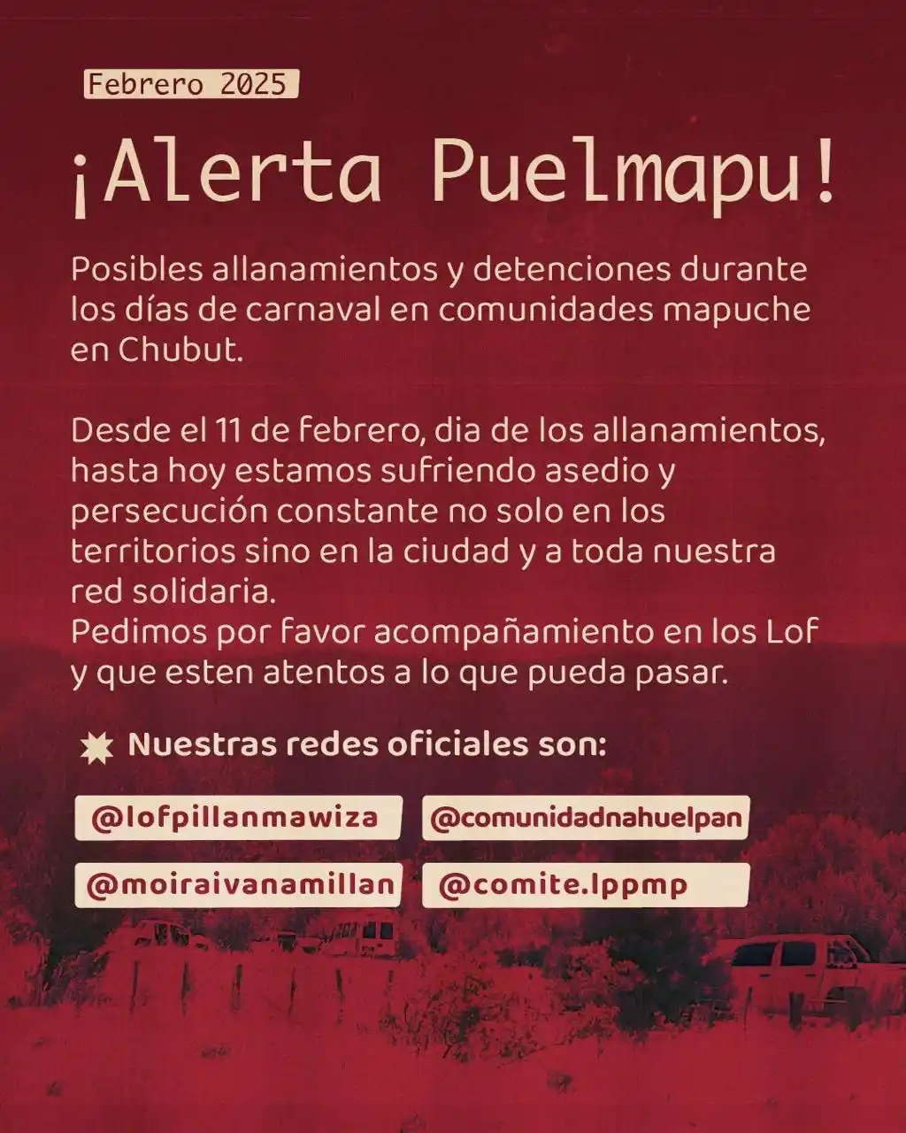 Image from Basta de persecución y Criminalización en PuelMapu: ⚠️📢ALERTA <a class="text-blue-500 hover:underline cursor-pointer" hre...
