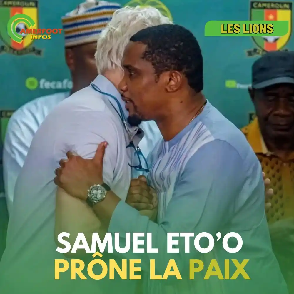 Image from Camerfoot-infos: *Lions indomptables : Samuel Eto’o prône la paix, Marc Brys va rester*...