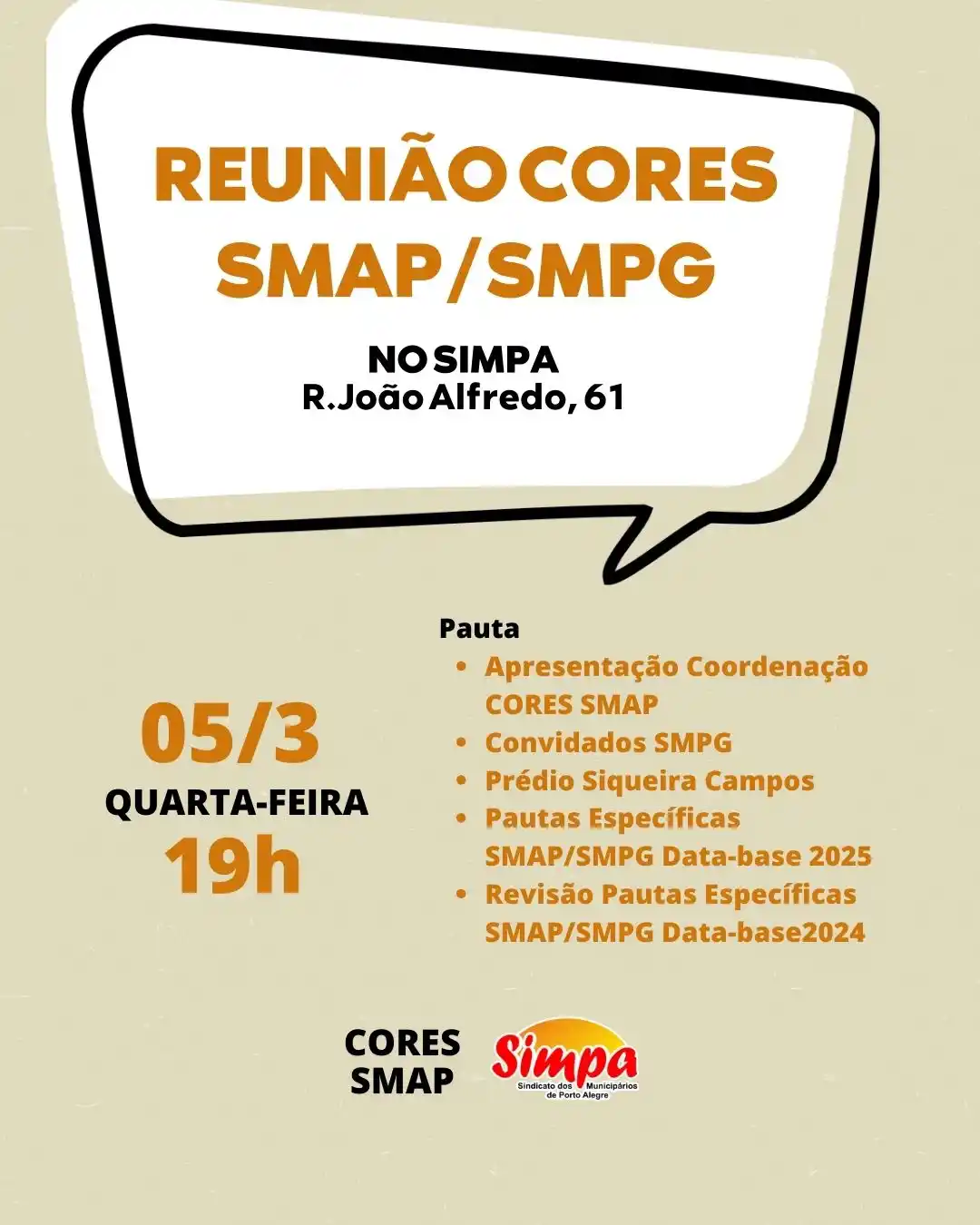 Image from 📣 Canal de Notícias SIMPA: *🗣️ REUNIÃO DO CORES SMAP/SMPG* _*📍 Dia 05/3 [quarta-feira], às 19h,...