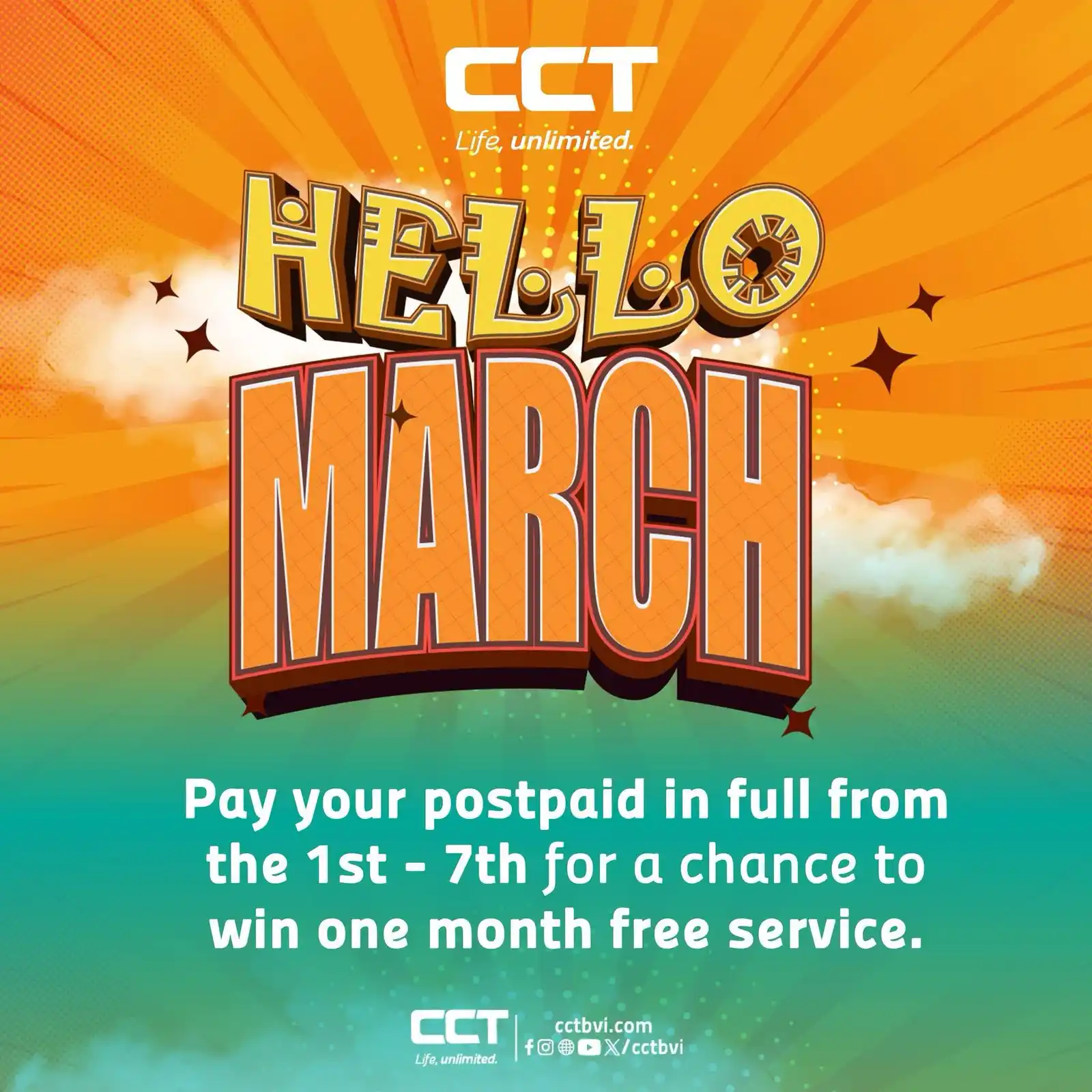 Image from CCT BVI : Hello March! 🔥 Win one month FREE by paying your postpaid bill in ful...
