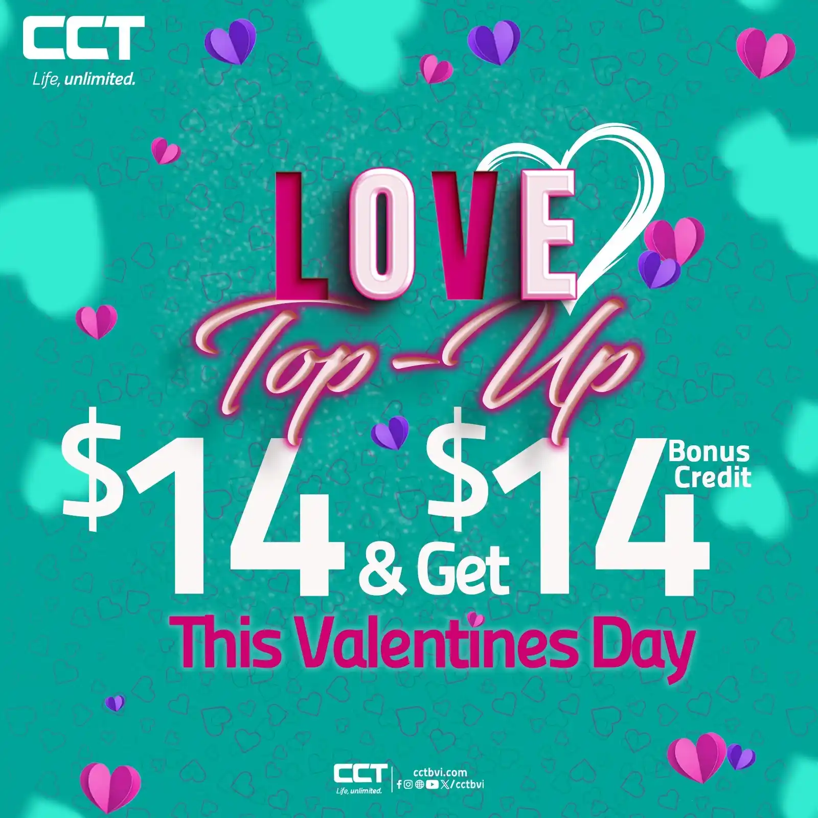 Image from CCT BVI : 🧡🩷Show your phone some LOVE this Valentine’s Day! 🧡💖 Top up $14 or...