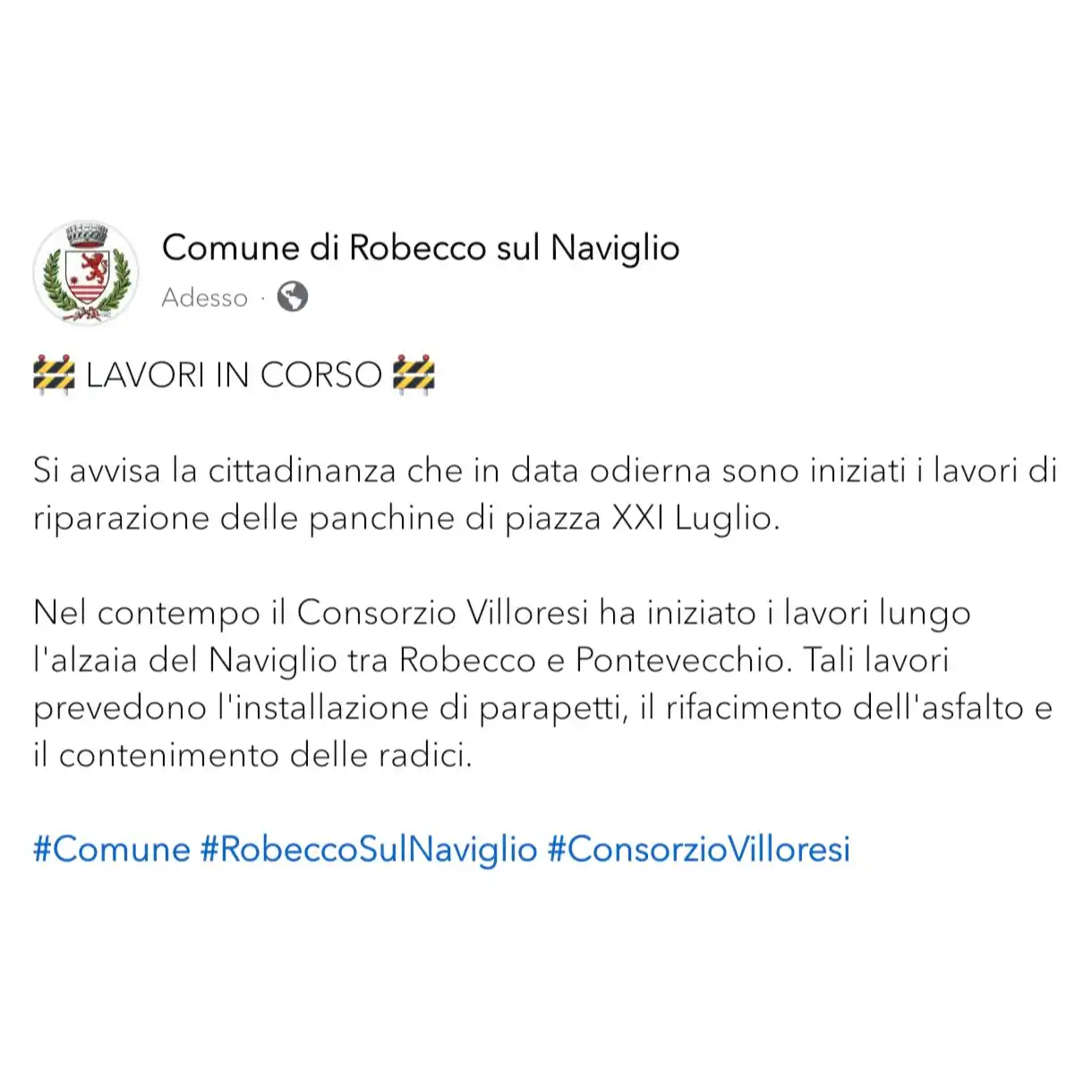 Image from Comune di Robecco sul Naviglio: 🚧 LAVORI IN CORSO 🚧  Si avvisa la cittadinanza che in data odierna s...