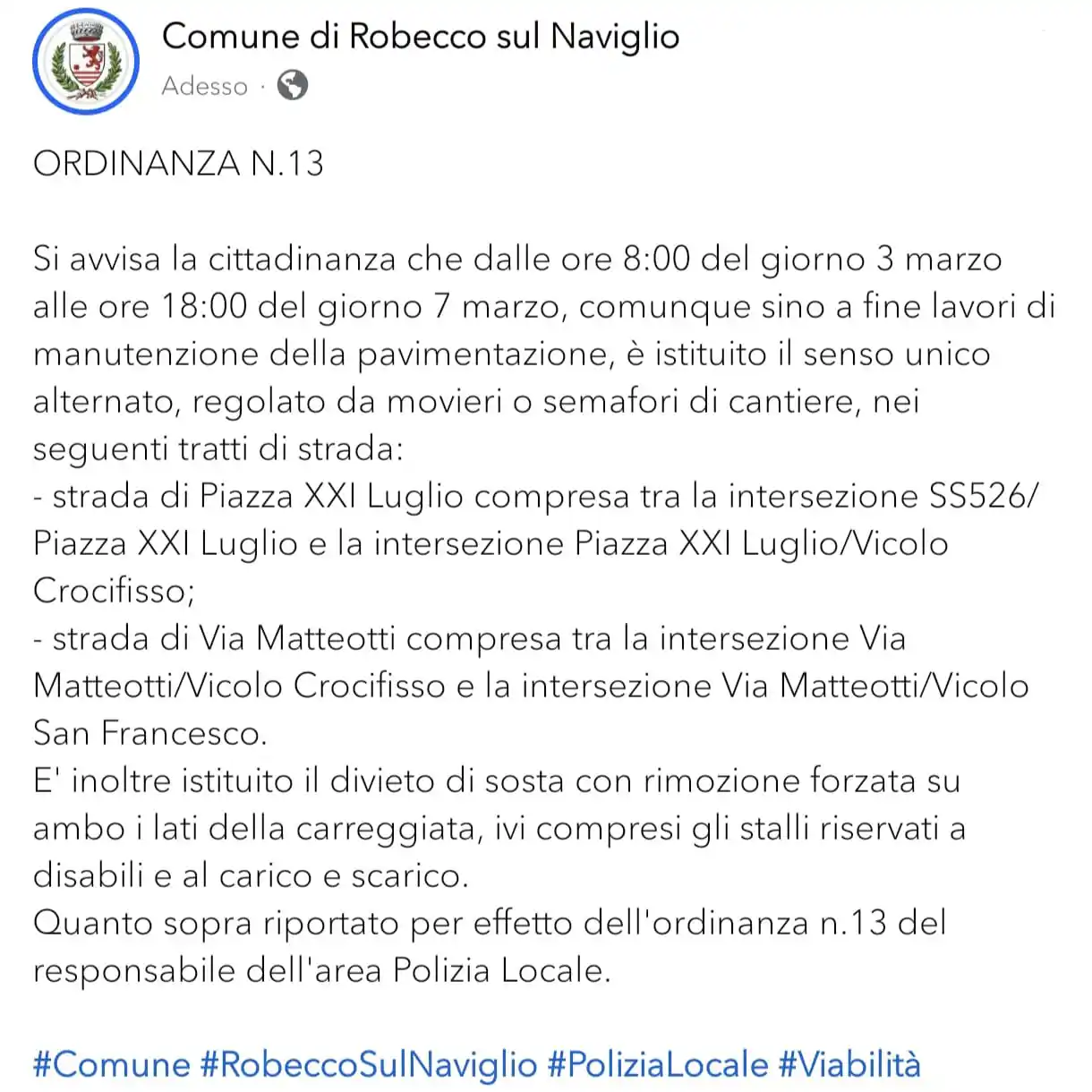 Image from Comune di Robecco sul Naviglio: ORDINANZA N.13 Si avvisa la cittadinanza che dalle ore 8:00 del giorn...