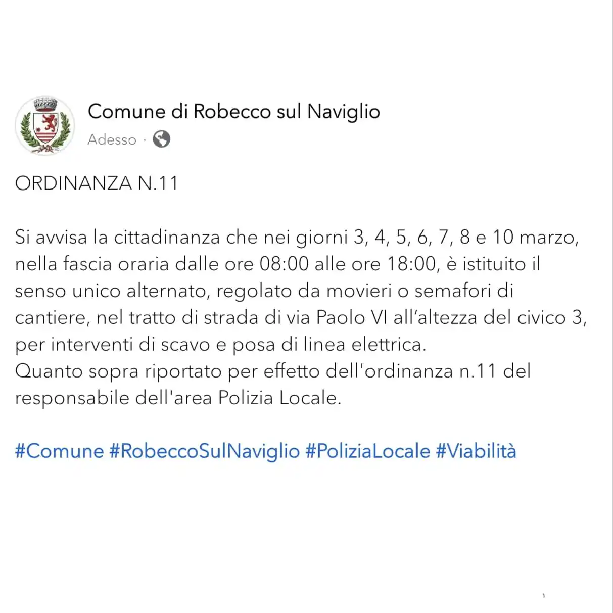Image from Comune di Robecco sul Naviglio: ORDINANZA N.11 Si avvisa la cittadinanza che nei giorni 3, 4, 5, 6, 7...