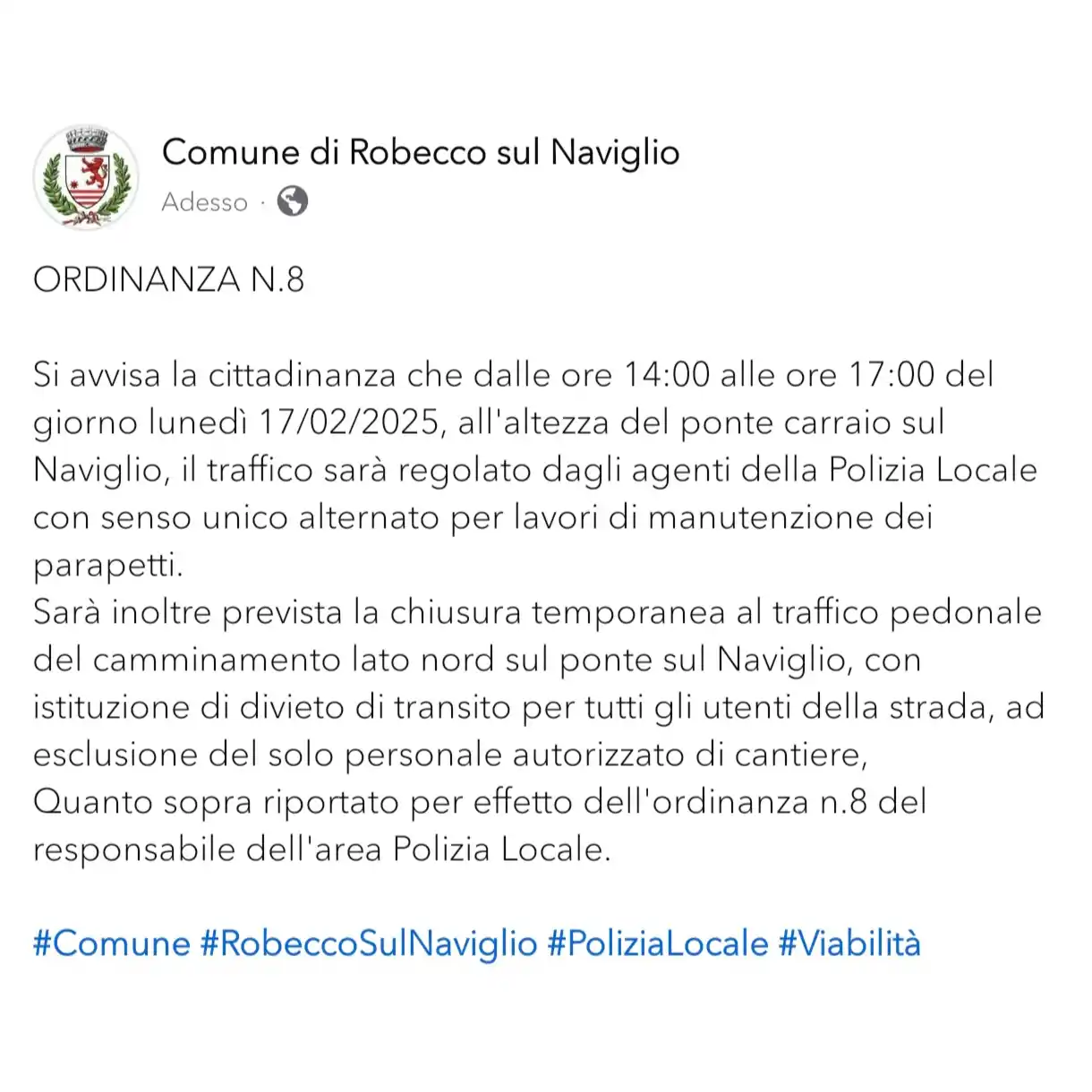 Image from Comune di Robecco sul Naviglio: ORDINANZA N.8 Si avvisa la cittadinanza che dalle ore 14:00 alle ore ...