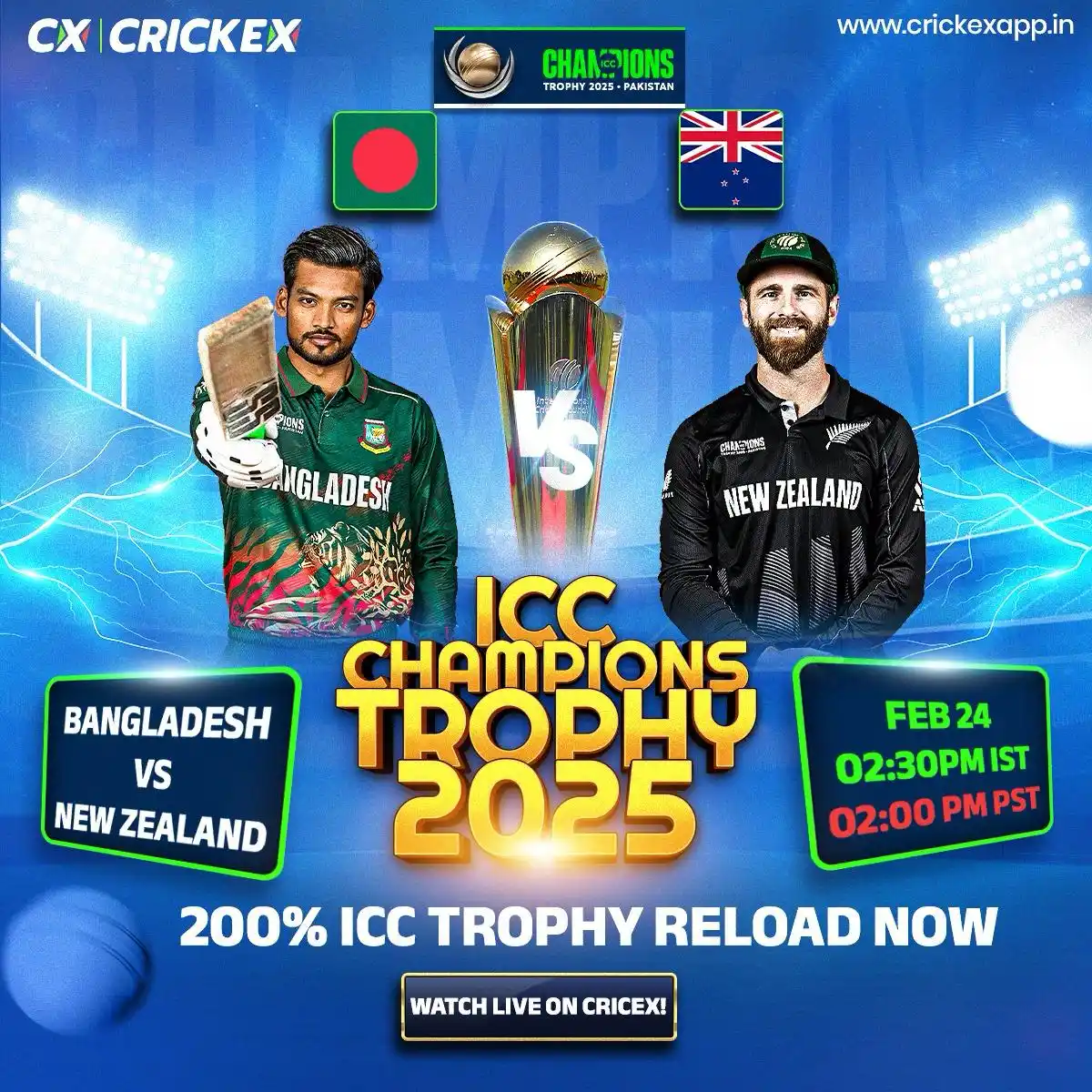 Image from Crickex: 🏏✨ ICC Champions Trophy 2025 ✨🏏 📅 Today's Match: 🕒 02:30 PM IST ...
