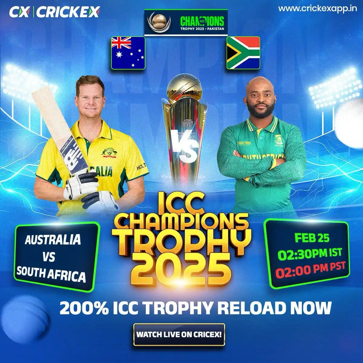 Image from Crickex: 🏏✨ ICC Champions Trophy 2025 ✨🏏 📅 Today's Match: 🕒 02:30 PM IST ...
