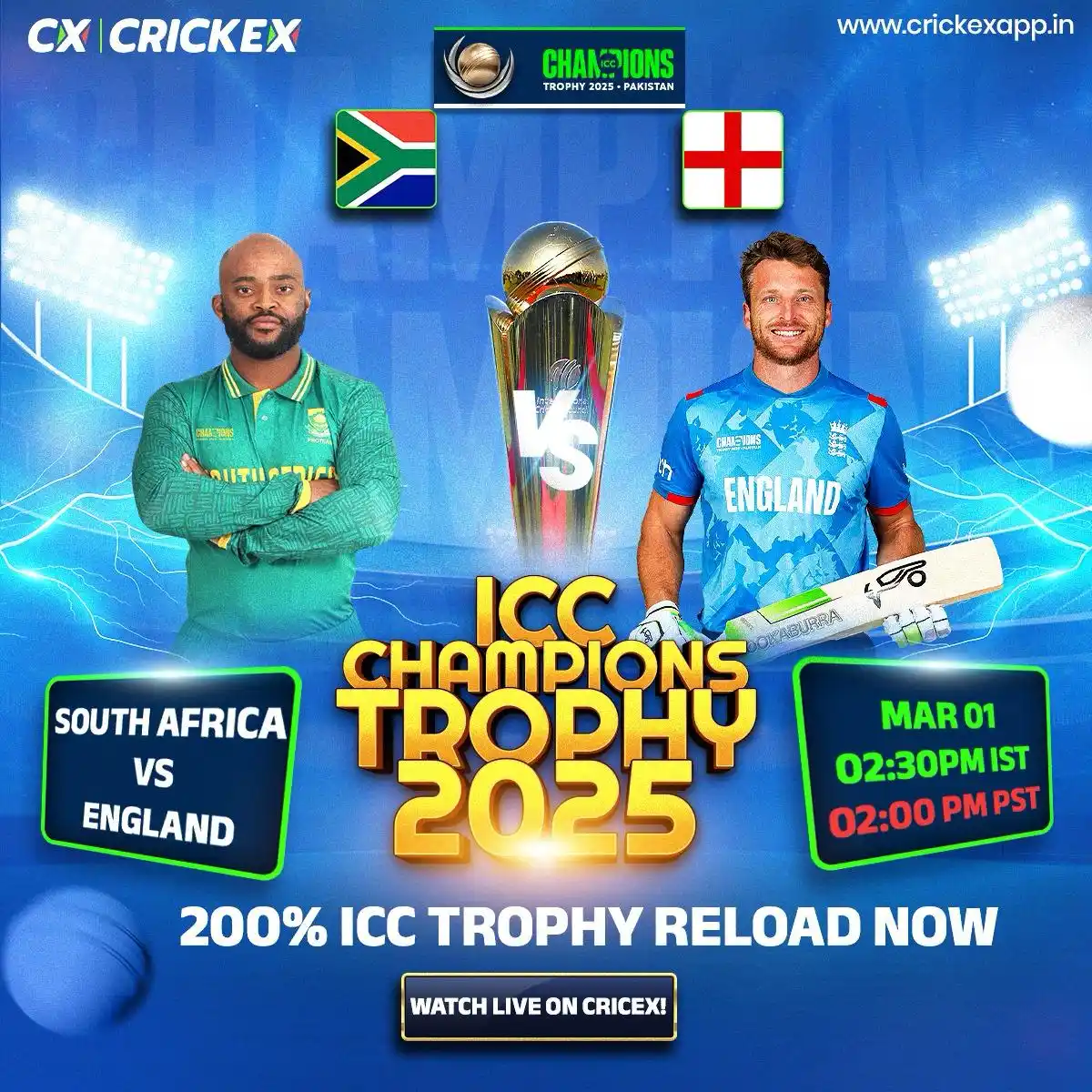 Image from Crickex: 🏏✨ ICC Champions Trophy 2025 ✨🏏 📅 Today's Match: 🕒 02:30 PM IST ...