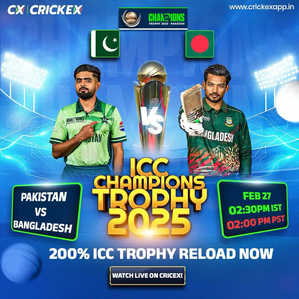 Image from Crickex: 🏏✨ ICC Champions Trophy 2025 ✨🏏 📅 Today's Match: 🕒 02:30 PM IST ...