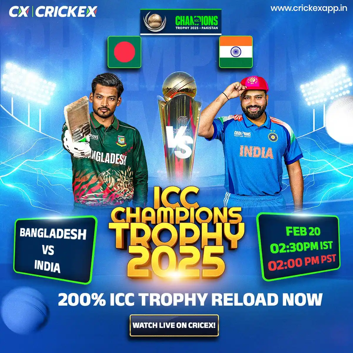 Image from Crickex: 🏏✨ ICC Champions Trophy 2025 ✨🏏 📅 Today's Match: 🕒 02:30 PM IST ...