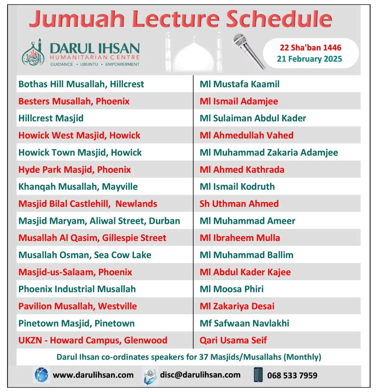 Image from Darul Ihsan Humanitarian Centre: 🔹 *Jumuah Lecture Schedule*🔹 ✨ _By Darul Ihsan_✨ 🗓️ *_Friday, 21 ...