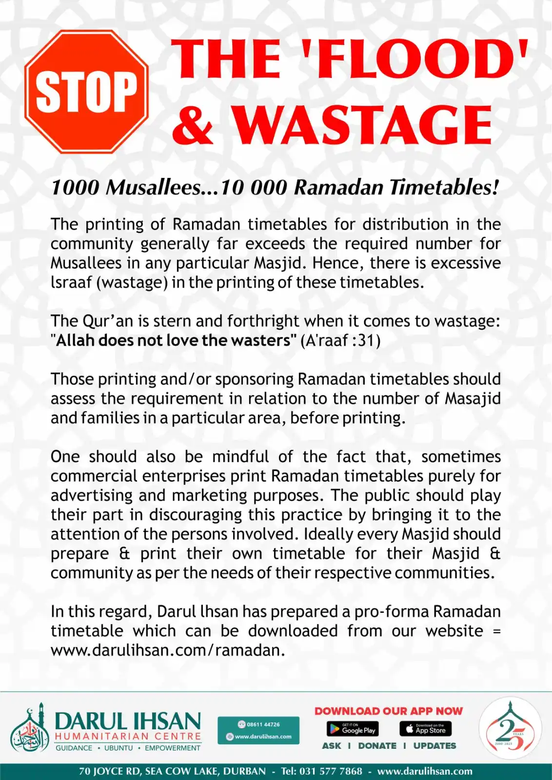 Image from Darul Ihsan Humanitarian Centre: 🔹 *STOP The 'Flood' & Wastage*🔹 ✨ _1000 Musallees...10 000 Ramadan ...