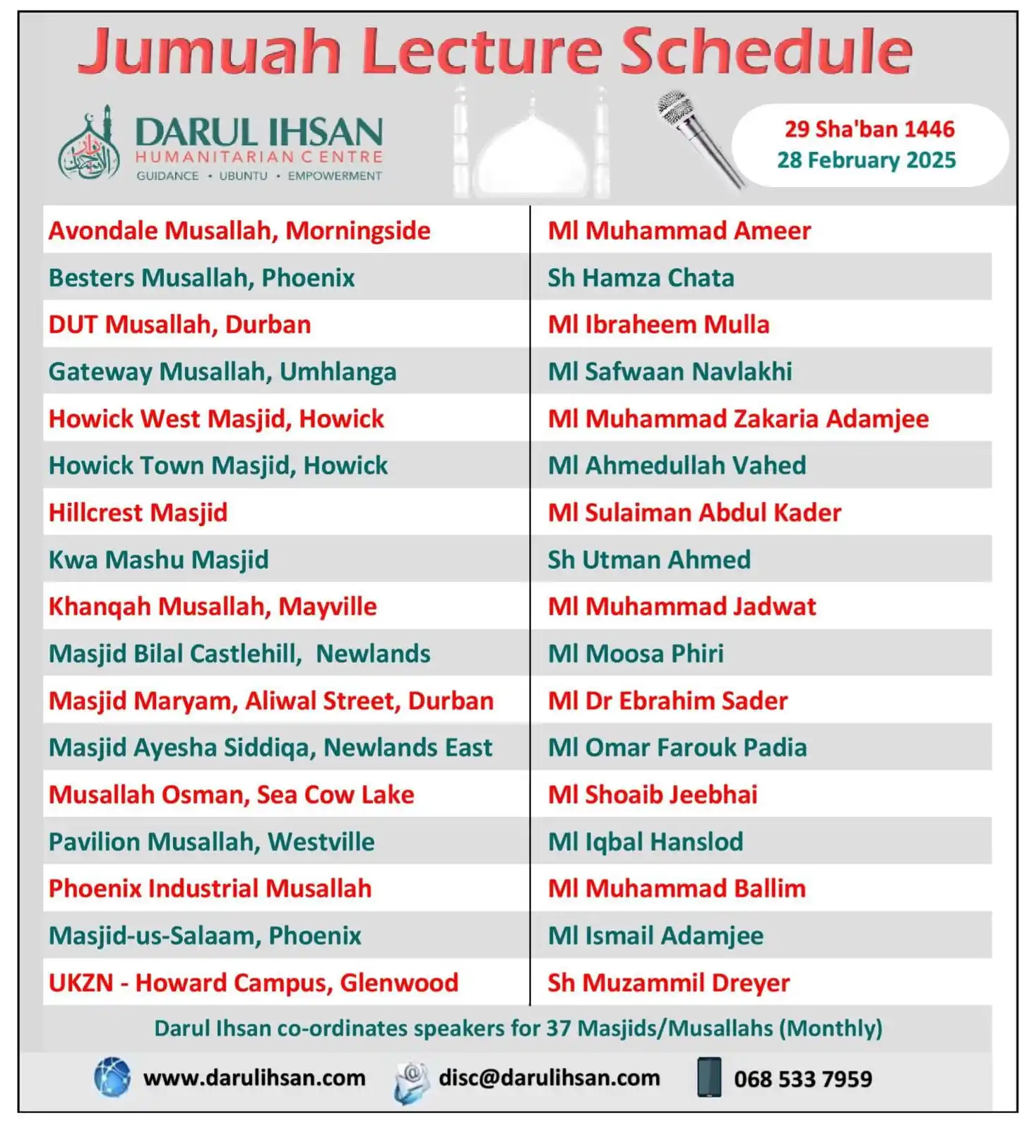 Image from Darul Ihsan Humanitarian Centre: 🔹 *Jumuah Lecture Schedule*🔹 ✨ _By Darul Ihsan_✨ 🗓️ *_Friday, 28 ...