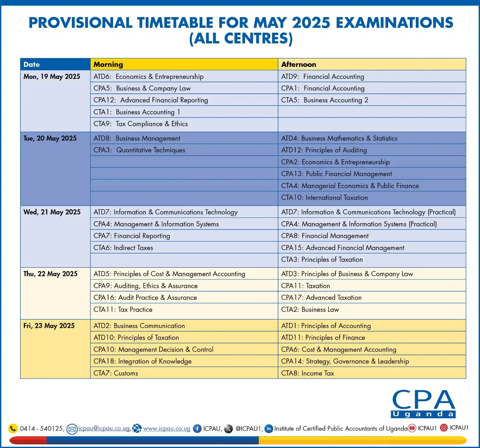 Image from ICPAU Updates: The May 2025 CPA, ATD & CTA Exam normal registration deadline is March...