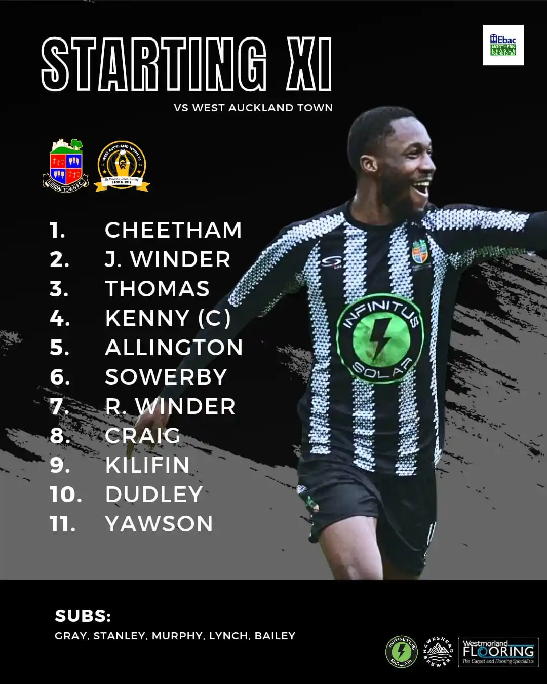 Image from Kendal Town: 📝 Here's your starting XI for this afternoon's game! Two changes fro...