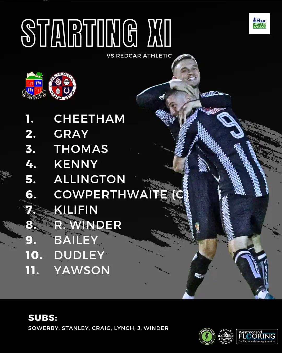 Image from Kendal Town: Tonight we welcome Redcar Athletic to the Westmorland Flooring Stadium...