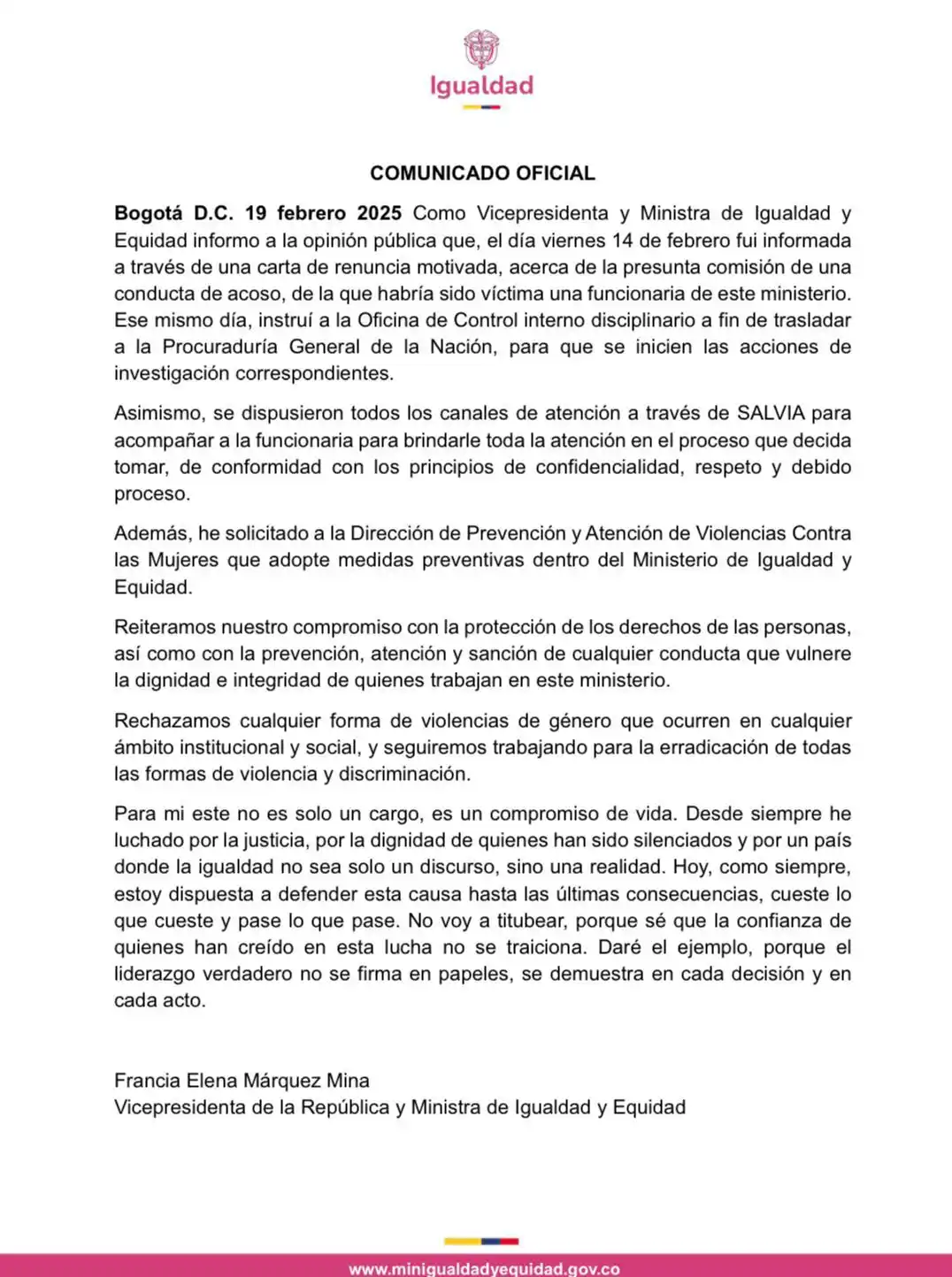 Ministerio de Igualdad y Equidad post