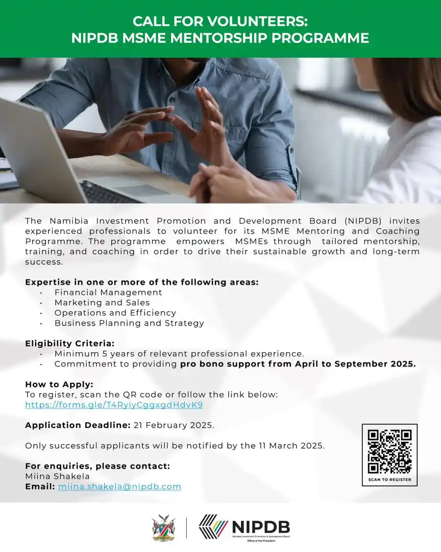 Image from Namibia Investment Promotion And Development Board (NIPDB): Become a Mentor for Namibia’s MSMEs! | Are you a seasoned professional...