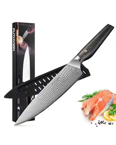 Image from Pirate Deals | Preisfehler, Angebote, Schnäppchen, Rabatte & Freebies: FUTHVWIN Damast Küchenmesser mit Schutzhülle, 20cm Klingenlänge, Ultra...