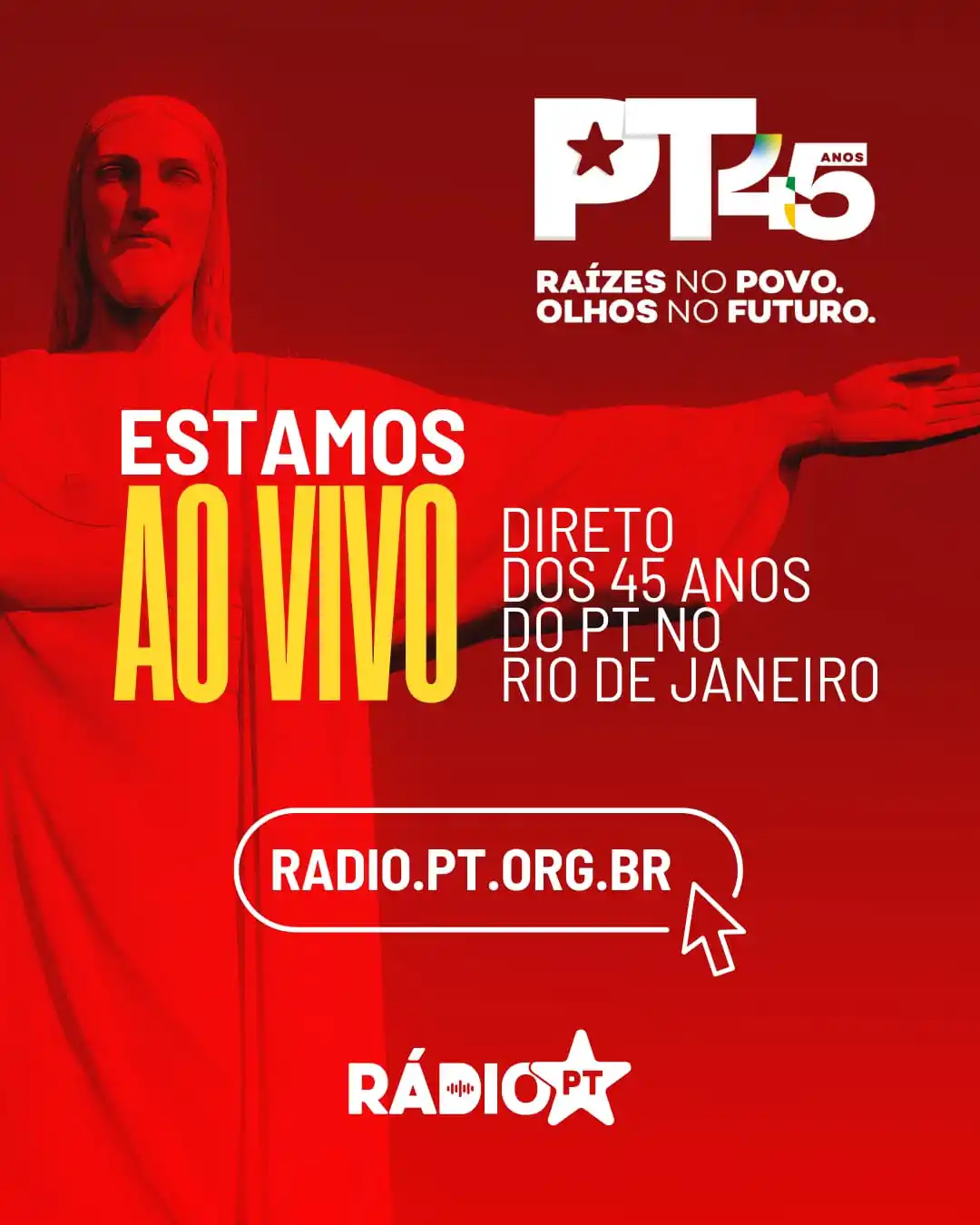 Image from PT - Partido dos Trabalhadores: 🎉 45 Anos do PT - Transmissão ao Vivo 🎉 📻 Acompanhe o evento pela...