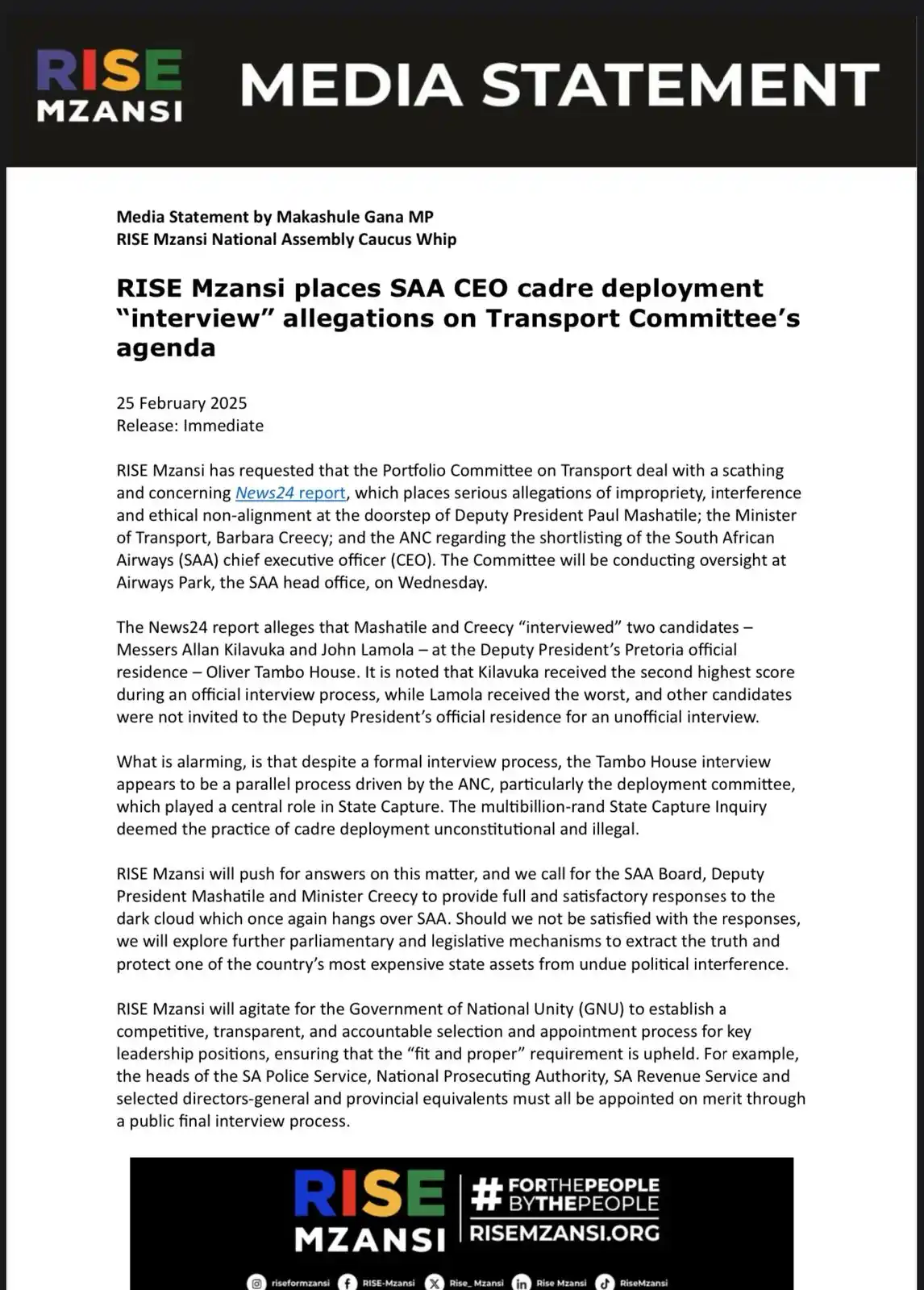 Image from RISE Mzansi: [MEDIA STATEMENT]   RISE Mzansi has asked the Portfolio Committee on T...