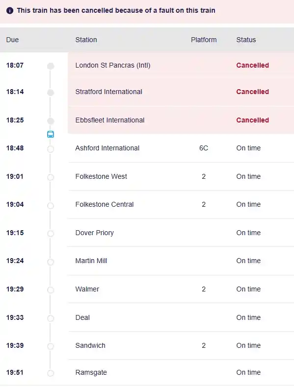 Image from Southeastern Railway: ℹ️ INFO: We're sorry that the 18:07 St Pancras to Ramsgate via Folkest...