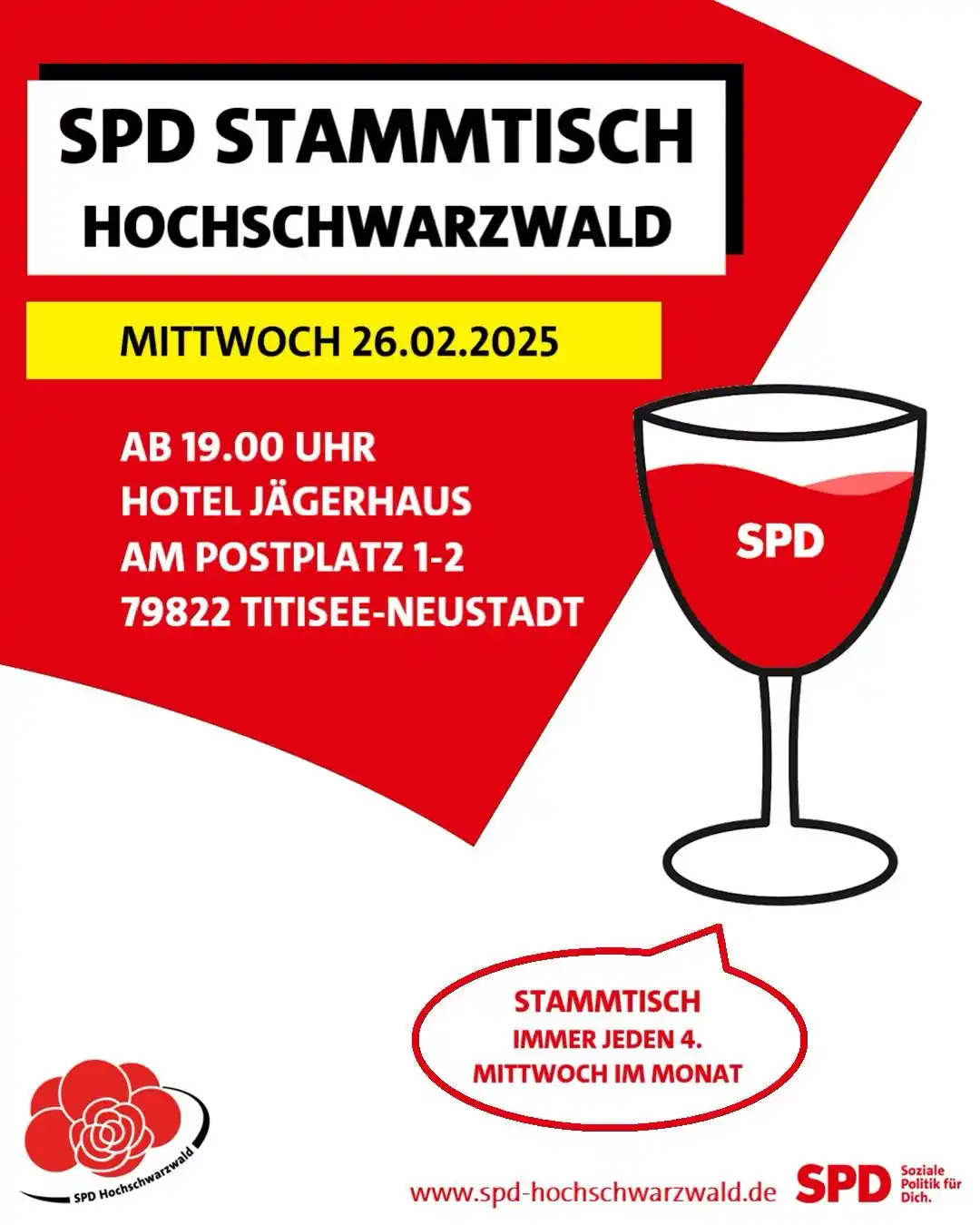 Image from SPD Hochschwarzwald : STAMMTISCH Mittwoch, den 26.02.2025 ab 19.00 Uhr Jägerhaus, Am Post...