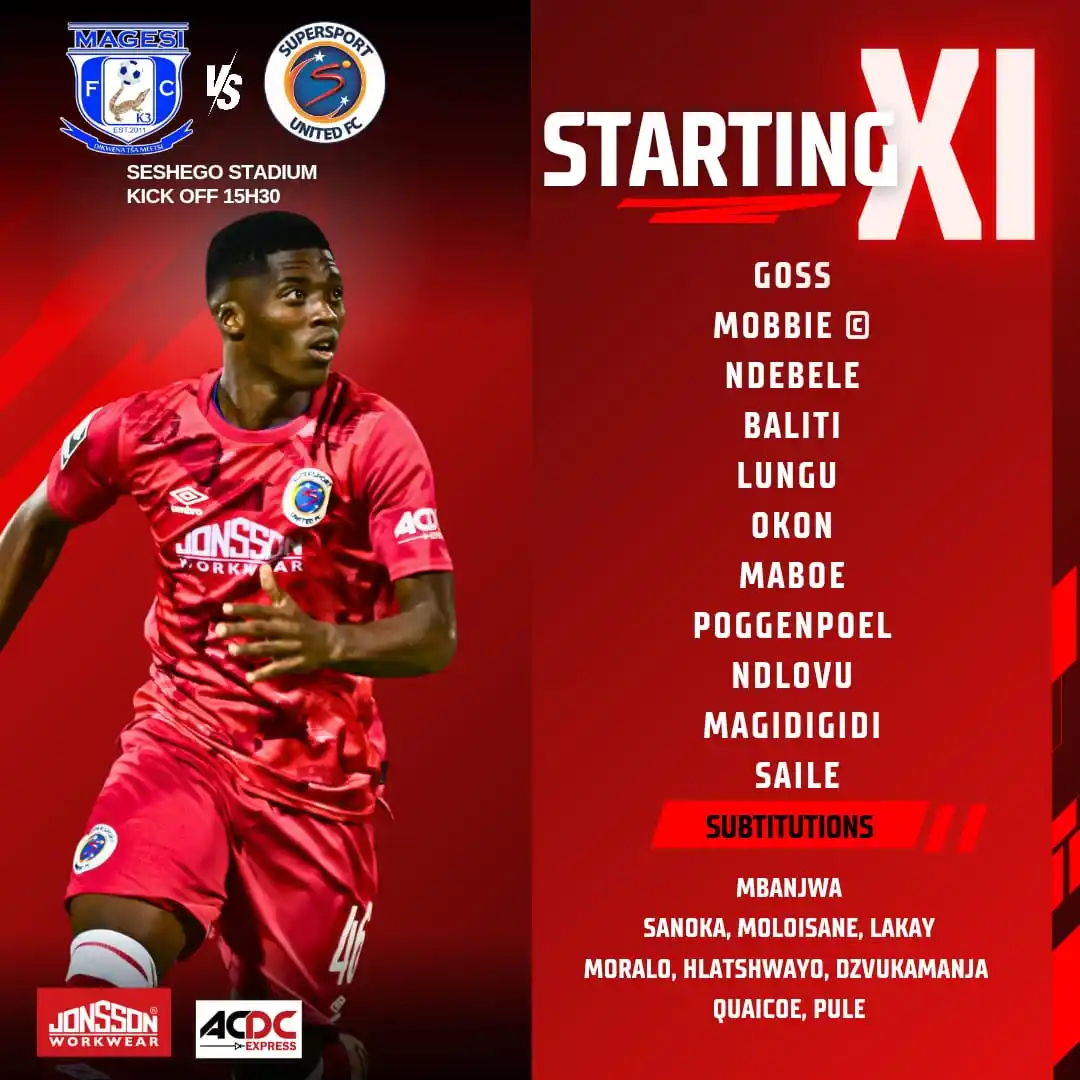 Image from SuperSport United Football Club: Today’s starting XI vs Magesi FC is set 🔵 Here's how we line up 📝⬇️ ...