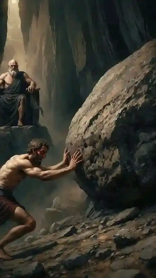 Image from TMB ART & MYTHICAL WORLD: Sisyphus was the king of Corinth, known for his craftiness and deceit....