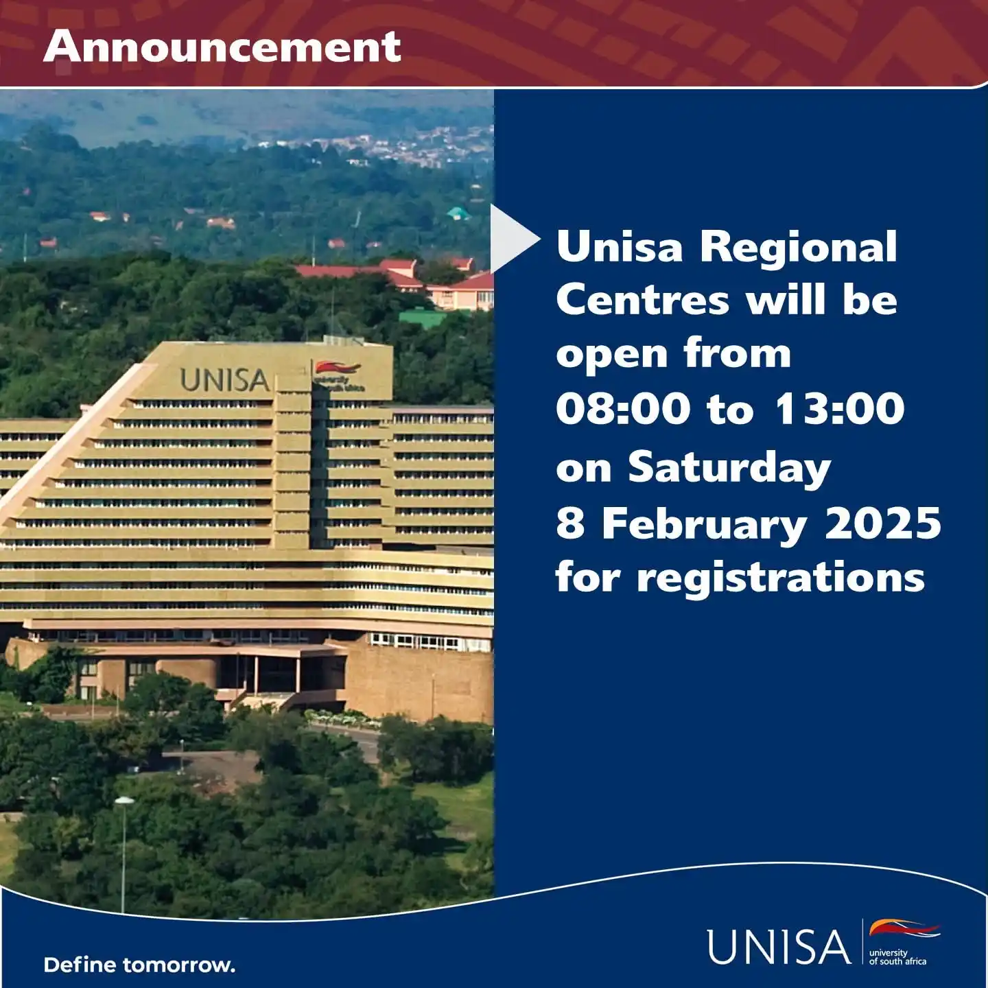 Image from Economic Freedom Fighters Youth Command (Unisa Durban): 📢 Announcement:  Unisa Regional Centres will be open on Saturday, 8 F...