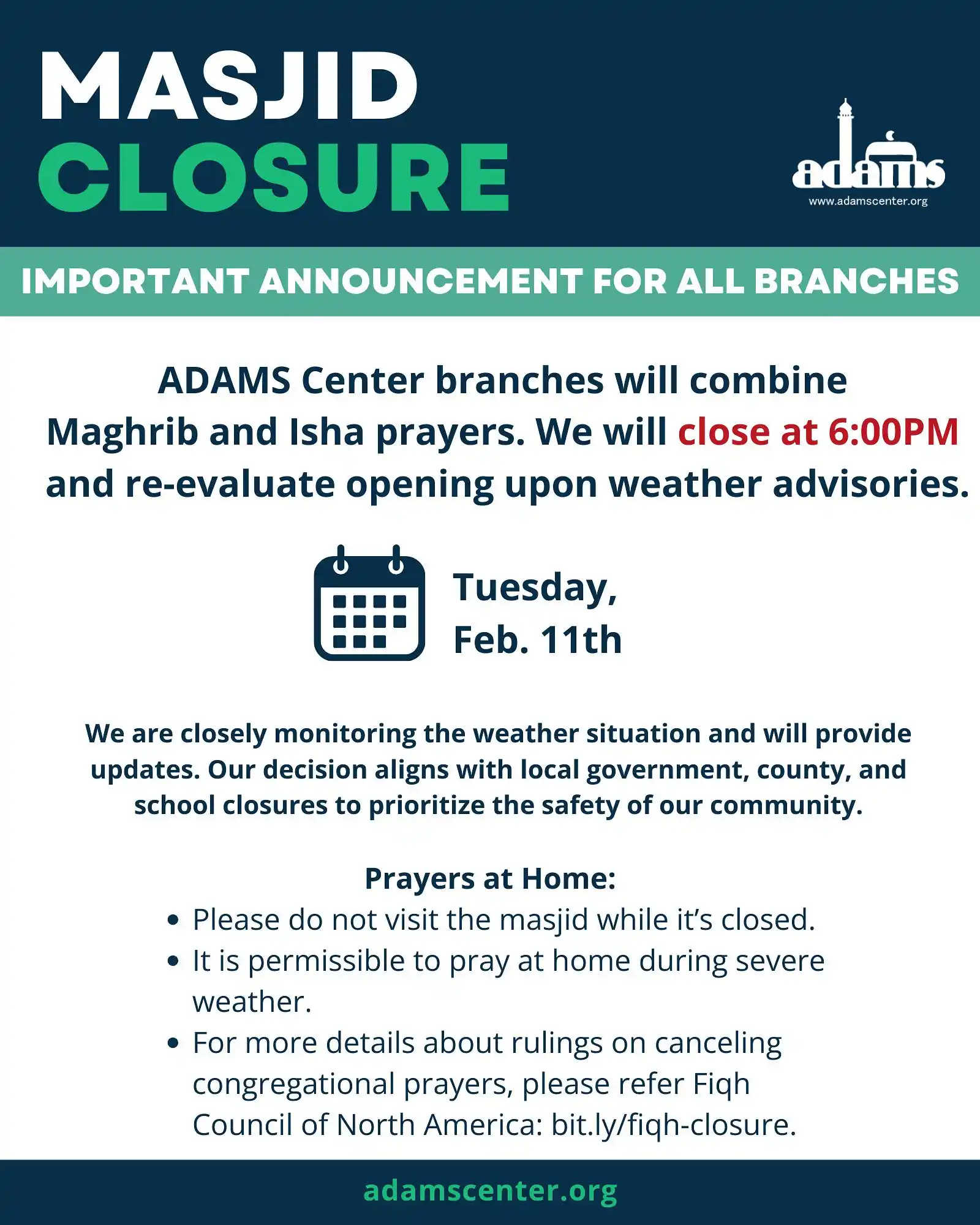 Image from ADAMS Official Channel: 📢 Important Announcement for All ADAMS Center Branches 📢 Due to se...