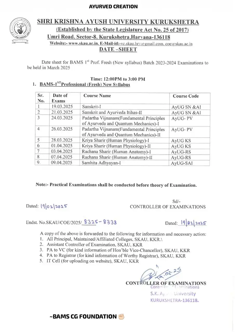 Image from AYURVED CREATION: *Date sheet of BAMS 1st Prof. Fresh (New Syllabus) Batch 2023-24 Exami...
