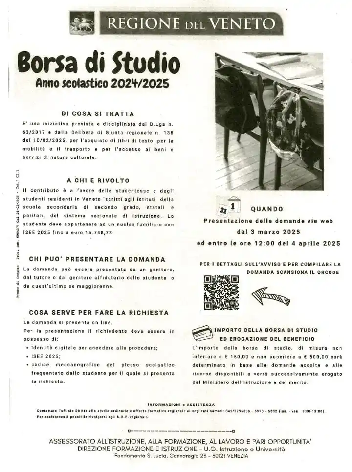 Image from Comune di Creazzo: BORSE DI STUDIO" A.S. 2024/2025. E' possibile presentare domanda di "...